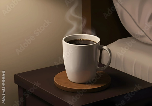 Fototapeta A steaming cup of coffee sits on a nightstand in a bedroom, ready for a tranquil morning. A peaceful scene of a young adult enjoying a moment of relaxation in their home.
