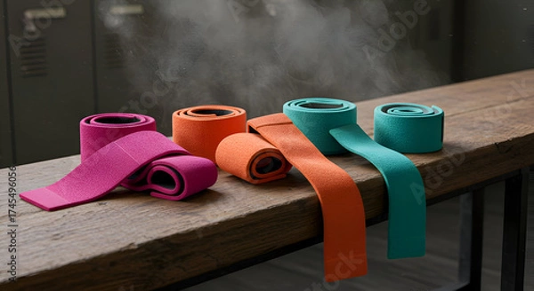 Fototapeta Colorful exercise resistance bands displayed on a wooden surface in a gym setting.