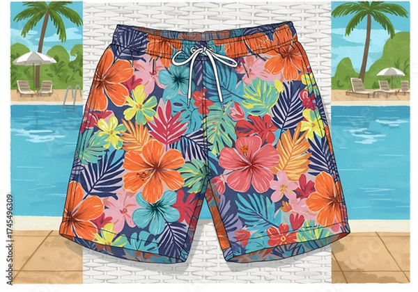 Fototapeta Colorful floral swim trunks displayed near a poolside setting. Relaxed, casual pose with tropical backdrop. Young adult male fashion model showcasing resort wear near a pool.