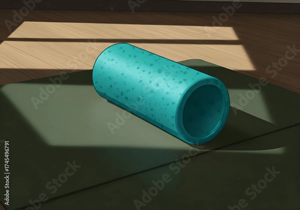 Fototapeta Teal foam roller resting on a dark green yoga mat on a light wooden floor. A simple, stationary, and at-rest object for health and wellness.