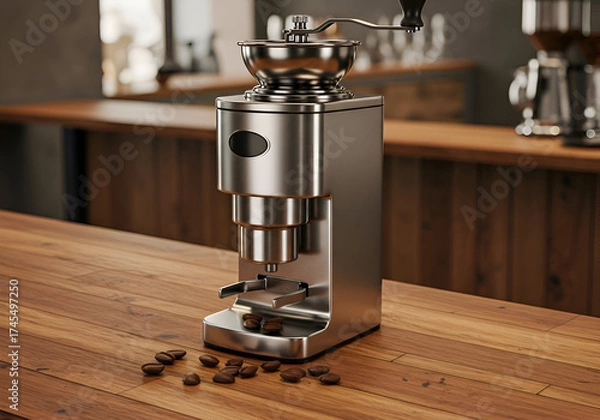 Fototapeta Stainless steel coffee grinder resting on a wooden counter with scattered coffee beans, showcasing modern design and functionality. Professional barista equipment in a modern cafe setting.