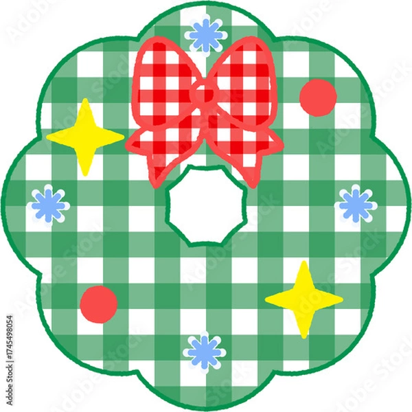Obraz Cute Christmas Wreath with Red Bow and Gingham Pattern