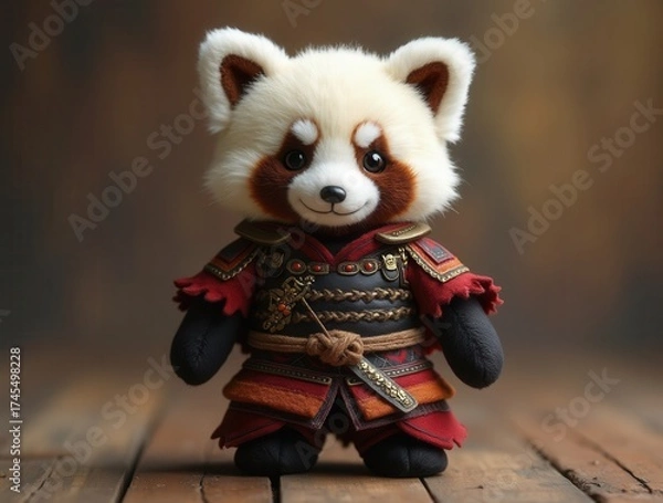 Fototapeta Red panda plush toy dressed as samurai warrior