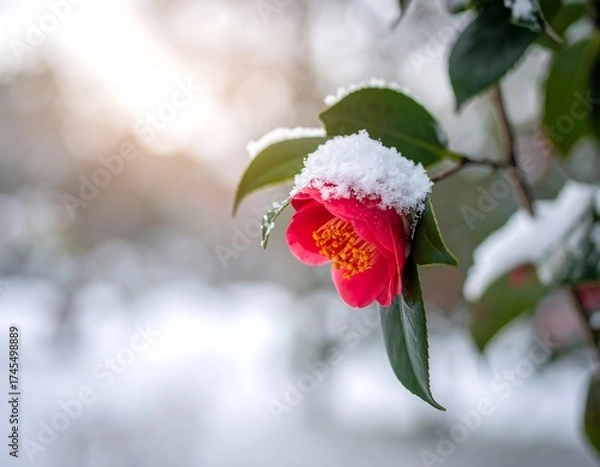 Fototapeta Crimson Camellia in Winter Snow