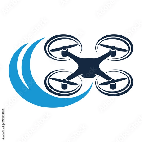 Fototapeta Modern drone silhouette with blue swirl motion graphic logo for technology and aviation