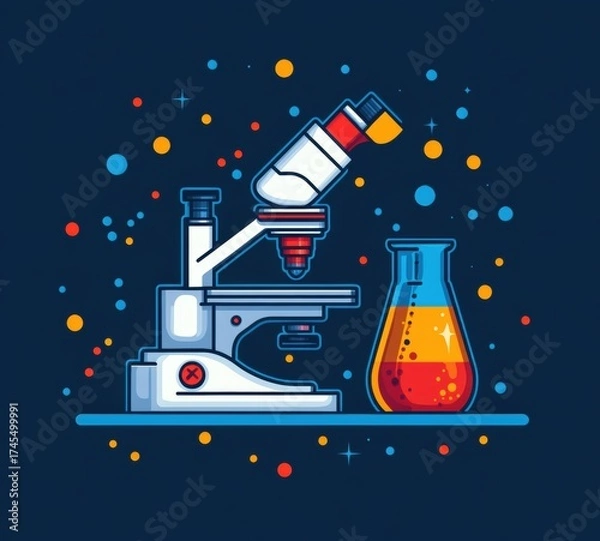 Obraz Vivid Microscope And Beaker Illustration Against A Dark Blue Background With Colorful Particle Accents