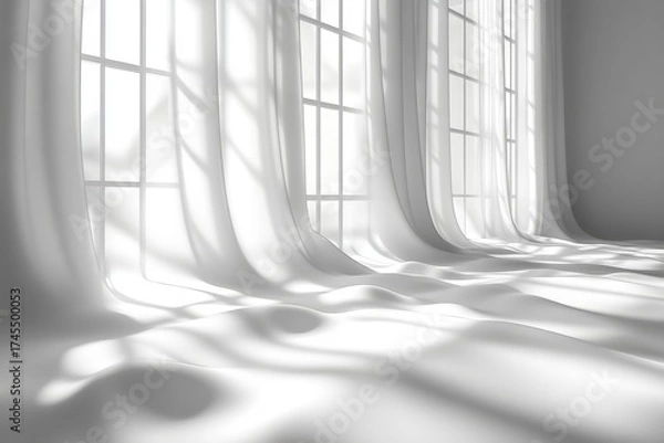 Obraz White Room with Large Window and Sheer Curtains Creating Shadows and Light Play