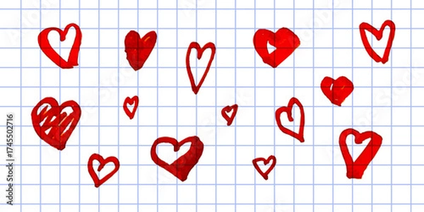 Obraz Vector illustration of red marker hearts on checkered notebook paper. Hand drawn doodle love symbols, school sketch hearts, romantic drawing on squared background
