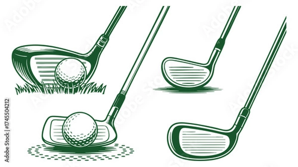 Fototapeta Four golf club and ball illustrations showing different angles and types of golf equipment