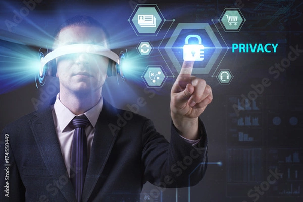 Fototapeta Business, Technology, Internet and network concept. Young businessman working in virtual reality glasses sees the inscription: Privacy