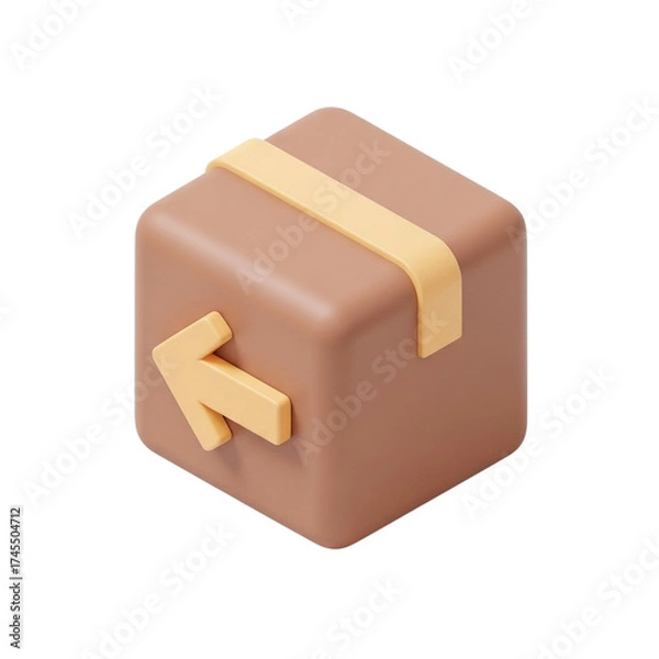 Fototapeta Isometric 3D Pastel Brown Return Box with Curved Arrow Symbol in Toy-Like Rounded Style on White Background