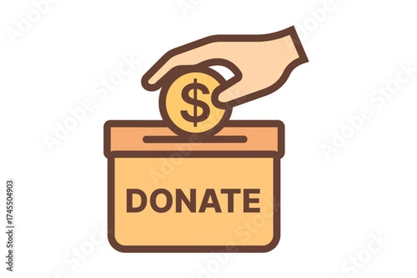 Fototapeta Charitable Giving A Hand Placing a Dollar Coin into a Donation Box Fundraising and Philanthropy Illustrated Concept