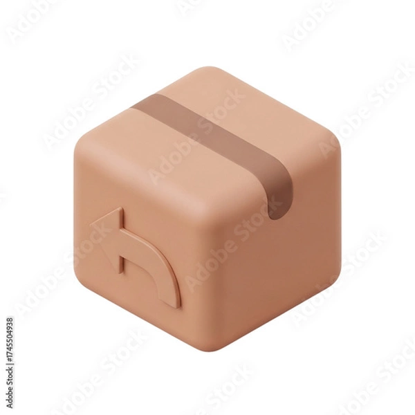 Fototapeta Isometric 3D Pastel Brown Return Box with Curved Arrow Symbol in Toy-Like Rounded Style on White Background