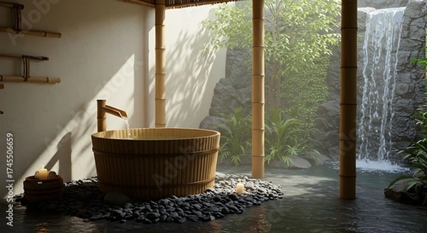 Obraz Wooden Bathtub in Zen Spa Setting with Waterfall and Green Plants