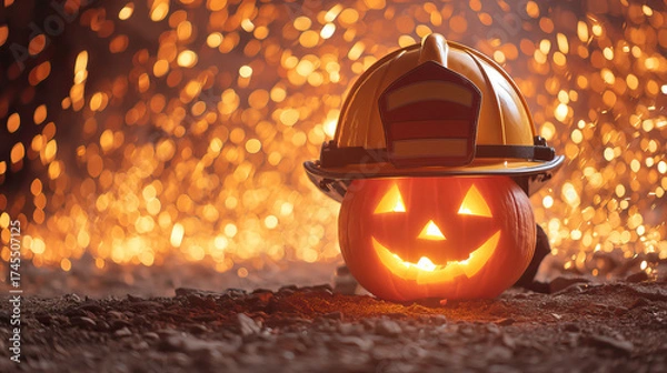 Fototapeta Jack o lantern with carved smile wearing firefighter helmet glowing on gravel with warm bokeh light and festive Halloween atmosphere