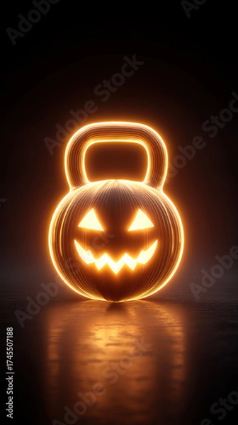 Fototapeta Glowing jack o lantern kettlebell with carved face and warm orange light reflecting on dark floor, moody Halloween fitness concept with spooky atmosphere and neon outline