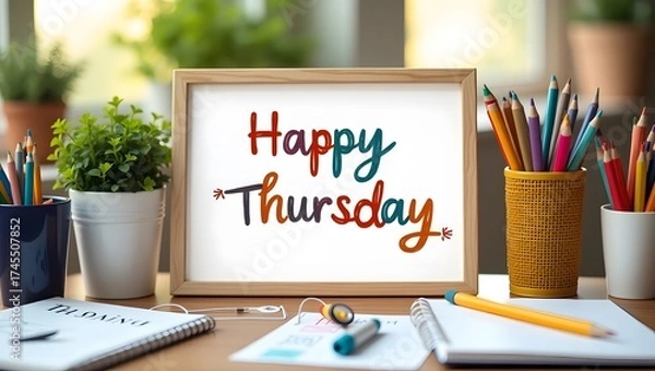 Fototapeta Happy thursday whiteboard sign on bright home office desk colorful pencils cups potted plants open notebook sketchbook morning sunlight creative workspace study stationery greeting inspiration