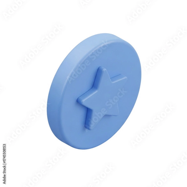 Fototapeta Isometric 3D Round Pastel Blue Product Rating Badge with Bold Star Symbol in Toy-Like Smooth Embossed Style