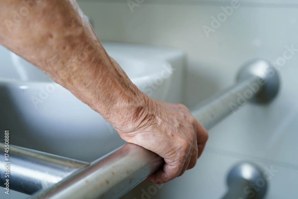 Fototapeta Asian elderly woman patient use toilet support rail in bathroom.