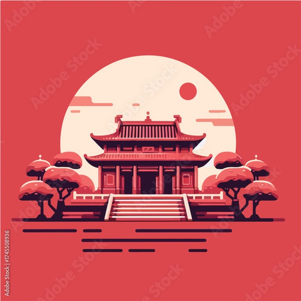 Fototapeta Japanese Temple at Sunset A Serene Crimson Illustration