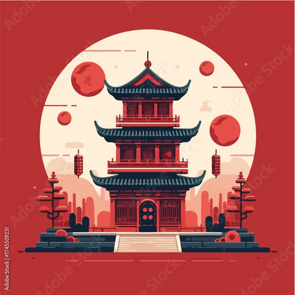 Fototapeta Red Chinese Temple Illustration