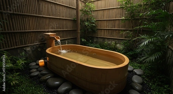 Obraz Wooden Bathtub in Zen Garden with Green Plants and Stones