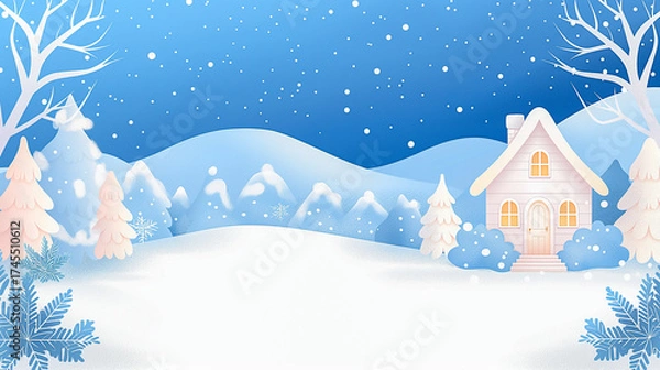Fototapeta Charming winter cottage adorned with festive decorations, surrounded by snow-covered trees, creating a cozy holiday atmosphere with warm lights glowing from windows