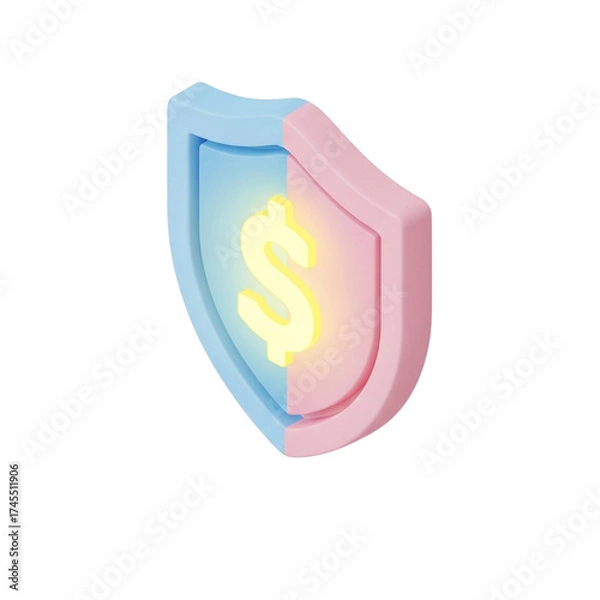 Fototapeta Isometric 3D Pastel Shield Icon with Glowing Dollar Sign in Toy-Like Rounded Style Representing Secure Transaction