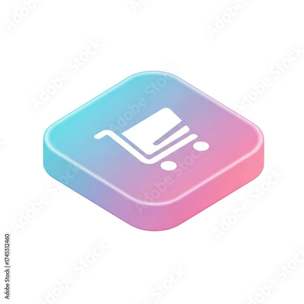 Fototapeta Isometric 3D Shopping App Icon with Square Rounded Tile in Pastel Blue-to-Pink Gradient and Shopping Cart Logo