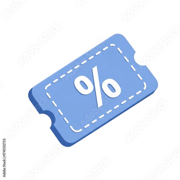 Fototapeta Isometric 3D Pastel Blue Shopping Voucher Card with Dashed Cut-Out Edges and Bold Percentage Sign