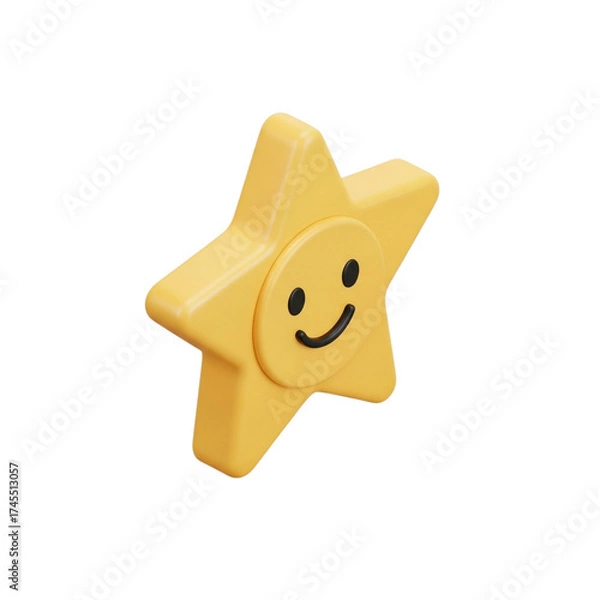 Fototapeta Isometric 3D Pastel Golden Star Badge with Smiling Face in Toy-Like Rounded Style on White Background