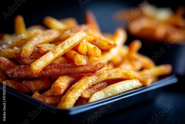 Fototapeta Macro detail close-up photography of a delicious french fries on a plastic tray while standing against dark background