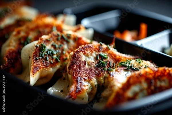 Fototapeta Detailed close-up photography of a delicious gyoza in a bento box isolated in dark background