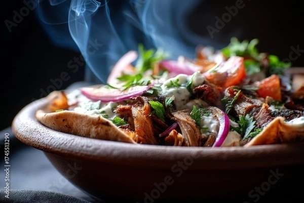 Fototapeta Detailed close-up photography of a juicy shawarma in a clay dish in front of dark background