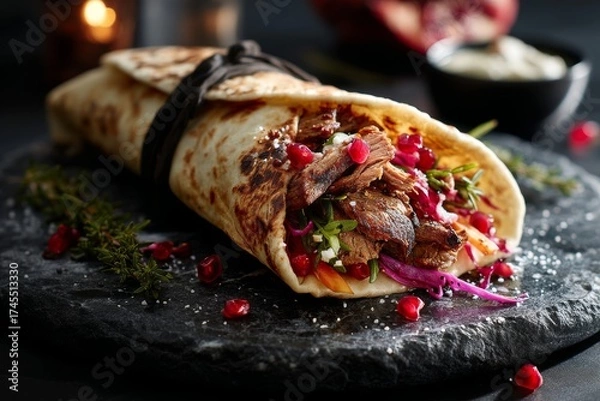 Fototapeta Rustic ambiance close-up photography of an exquisite shawarma on a marble slab isolated on dark background
