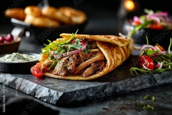 Fototapeta Rustic ambiance close-up photography of an exquisite shawarma on a marble slab in front of dark background