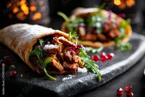 Fototapeta Rustic ambiance close-up photography of an exquisite shawarma on a marble slab on dark background