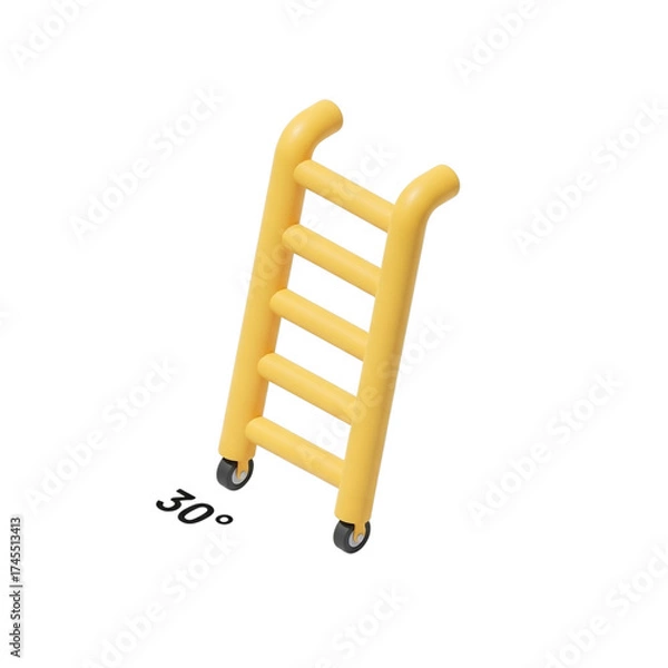Fototapeta Isometric 3D Pastel Yellow Rolling Safety Ladder with Rounded Steps Angled at 30° on White Background