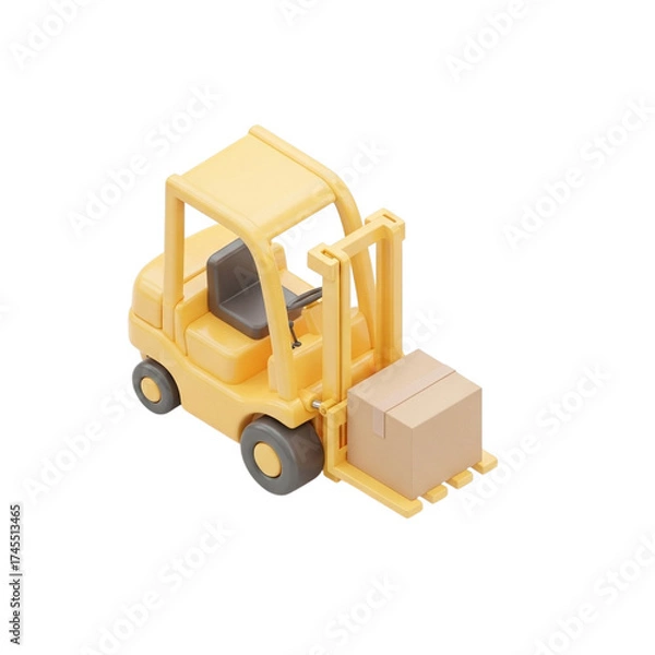 Fototapeta Isometric 3D Compact Forklift in Pastel Yellow Carrying a Cardboard Box with Rounded Arms and Glossy Finish