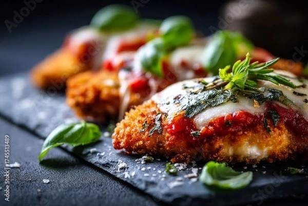 Fototapeta Macro detail close-up photography of a tasty chicken parmesan on a slate plate in dark background