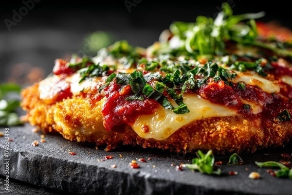 Fototapeta Macro detail close-up photography of a tasty chicken parmesan on a slate plate on dark background