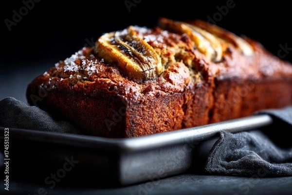 Fototapeta Detailed close-up photography of an exquisite banana bread on a metal tray in front of dark background