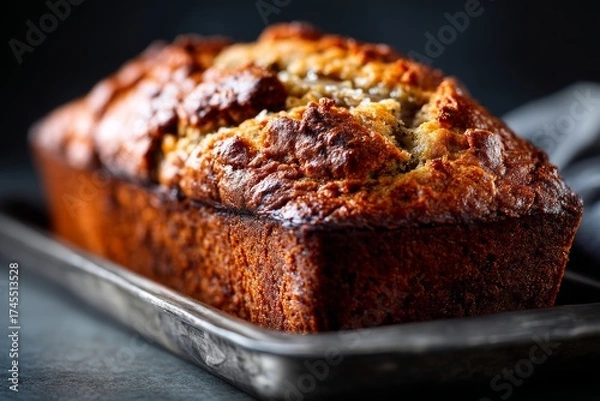 Fototapeta Detailed close-up photography of an exquisite banana bread on a metal tray in front of dark background