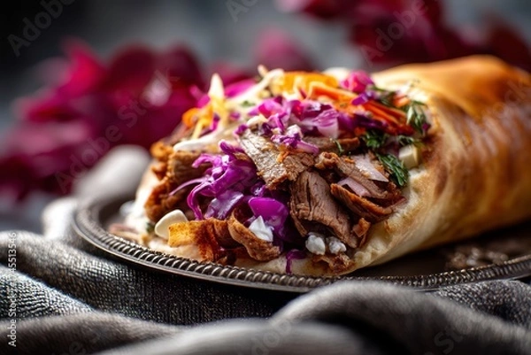 Fototapeta Macro view photography of a delicious doner kebab on a metal tray isolated in chenille fabric background