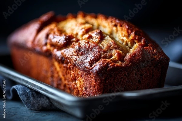 Fototapeta Detailed close-up photography of an exquisite banana bread on a metal tray isolated on dark background