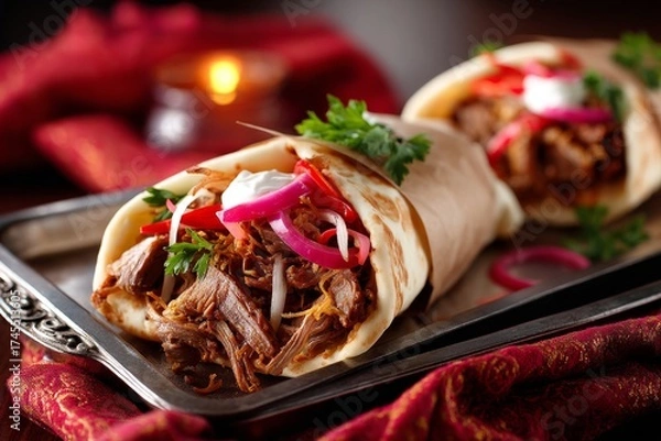 Fototapeta Macro view photography of a delicious doner kebab on a metal tray isolated in chenille fabric background