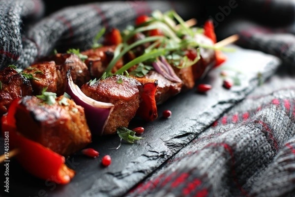 Fototapeta Macro detail close-up photography of a tempting kebab on a slate plate in front of chenille fabric background