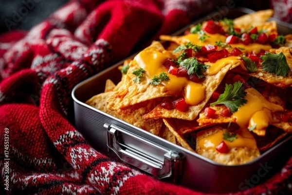 Fototapeta Detailed close-up photography of a tempting nachos in a bento box isolated on chenille fabric background