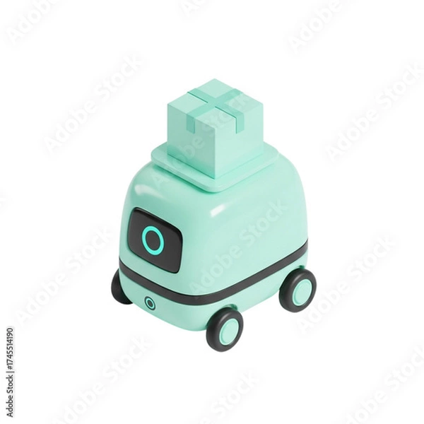 Fototapeta “Cute pastel mint autonomous robot delivery cart carrying package – isometric 3D toy-like smart logistics robot illustration”