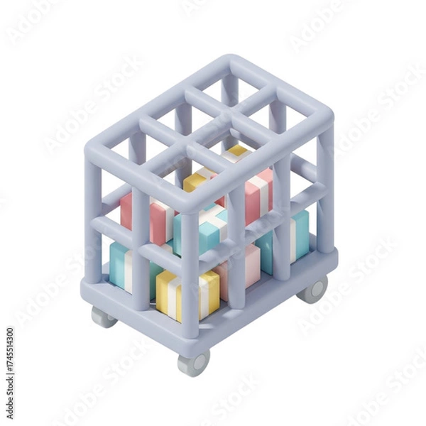Fototapeta Isometric 3D Pastel Gray Rolling Cage Trolley with Parcels in Toy-Like Rounded Style for Logistics Illustration